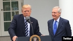 El presidente de Estados Unidos, Donald Trump y el líder de la mayoría del Senado, Mitch McConnell, hablan con reporteros en la Casa Blanca. Oct. 16, 2017. Foto: Steve Herman, VOA.