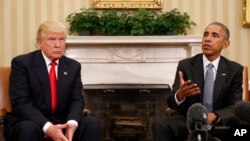 သမ္မတ Donald Trump နှင့်အမေရိကန်သမ္မတဟောင်း Barack Obama တို့ နိုဝင်ဘာ ၂၀၁၆ တုန်းကတွေ့ဆုံစဉ် 