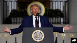 President Donald Trump speaks from the South Lawn of the White House on the fourth day of the Republican National Convention, Thursday, Aug. 27, 2020, in Washington. (AP Photo/Evan Vucci)