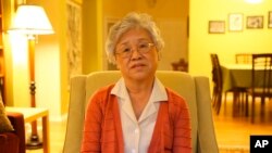 FILE - A still frame from an undated video of Myunghee Bae talking about her trip to North Korea.