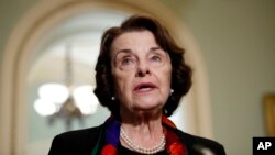 Senate Judiciary Committee Ranking Member Sen. Dianne Feinstein, D-Calif., speaks to the media about the FBI report on sexual misconduct allegations against Supreme Court nominee Brett Kavanaugh, on Capitol Hill, Oct. 4, 2018 in Washington.