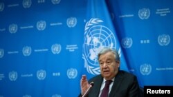 El secretario general de las Naciones Unidas, Antonio Guterres, en rueda de prensa dese la sede del organismo internacional, el 8 de febrero de 2024.