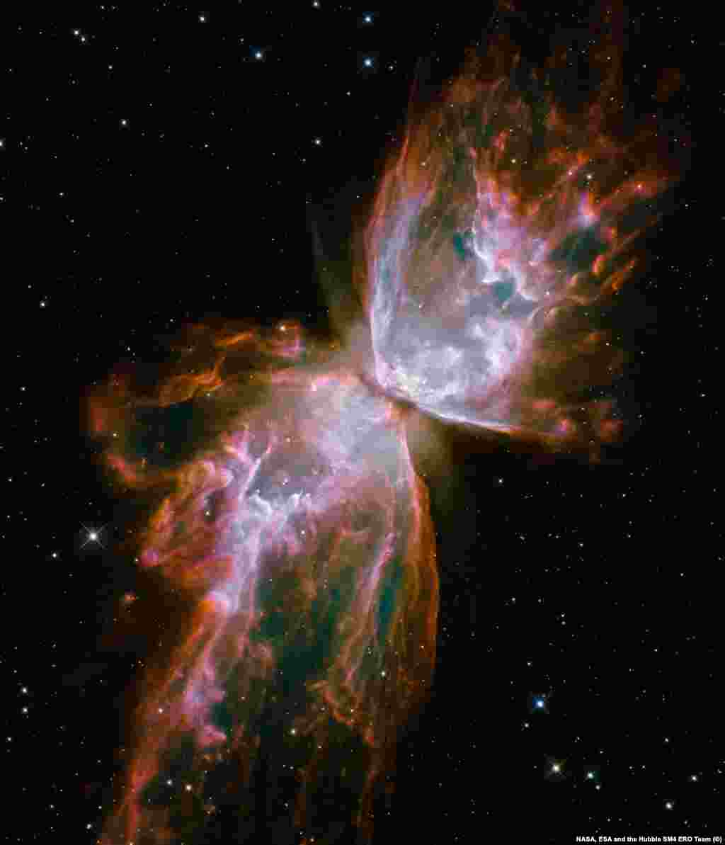 Туманность NGC 6302 внешне напоминает красивую бабочку, однако, существуй такое насекомое в реальности, мало кто бы назвал его прекрасным созданием. В центре «бабочки» расположена умирающая звезда, излучающая колоссальных масштабов потоки газов и ультрафиолетового излучения. «Крылья» же космической «бабочки» - не что иное, как области газа, разогретые до 20 тысяч градусов по Цельсию, летящие сквозь космическое пространство со скоростью 950 тысяч км/ч - за это время можно достичь Луны с поверхности нашей планеты всего за 24 минуты!