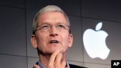 FILE - Apple CEO Tim Cook responds to a question during a news conference at IBM Watson headquarters, in New York. 