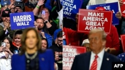 ARCHIVO - Esta combinación de imágenes muestra a la vicepresidenta estadounidense y candidata presidencial demócrata Kamala Harris (izq.) el 31 de octubre de 2024, y al expresidente y candidato presidencial republicano de 2024 Donald Trump (der), el 30 de octubre de 2024.