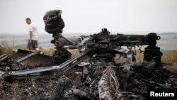 Debris at the site of Thursday's Malaysia Airlines Boeing 777 plane crash, near the village of Grabovo in Ukraine's Donetsk region, July 18, 2014.