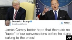 Le président Donald Trump, à droite, le secrétaire à la presse de la Maison Blanche, Sean Spicer, et le tweet du président vendredi à l'ancien directeur du FBI, James Comey.