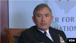 美军太平洋司令部司令哈里斯上将(Admiral Harry Harris)在华盛顿战略与国际研究中心讲话（2016年1月27日，美国之音黎堡拍摄)