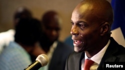 FILE - Jovenal Moise addresses the media after winning 55.67 percent of the vote in Nov. 20 presidential elections, according to preliminary results, in Port-au-Prince, Haiti, Nov. 28, 2016.