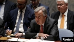 Antonio Guterres s'adresse aux Nations unis lors d'un conseil de sécurité à New York, le 23 mars 2017. 