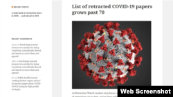 A screenshot from Retraction Watch, a blog that reports on retractions of scientific papers and on related topics. Its parent organization is the Center for Scientific Integrity.
