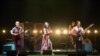 Actors and actresses perform Cambodian Rock Band at Thomas Theatre of the Oregon Shakespeare Festival. Joe Ngo (Chum), Abraham Kim (Rom), Brooke Ishibashi (Sothea), Jane Lui (Pou), Moses Villarama (Leng). (Photo by Jenny Graham, Oregon Shakespeare Festival)