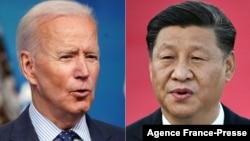 (COMBO) This combination of file pictures created on June 8, 2021, shows US President Joe Biden, left, speaking at the Eisenhower Executive Office Building in Washington on June 2, 2021; and Chinese President Xi Jinping speaking on arrival at Macau's inte