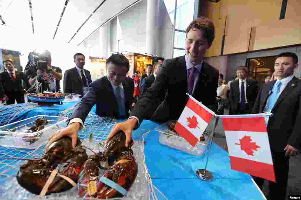 在G20杭州峰会的一次会外活动中,加拿大总理贾斯廷·特鲁多(Justin Trudeau)和阿里巴巴主席马云在阿里巴巴的西溪园区拿龙虾(2016年9月3日)