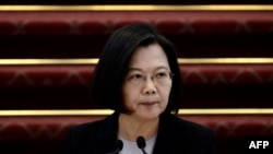 台灣總統蔡英文在台北總統府舉行的記者會上講話。（2020年1月22日）