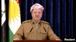 A still image taken from a video shows Kurdish President Masoud Barzani giving a televised speech in Erbil, Iraq, Oct. 29, 2017. 
