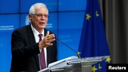 លោក Josep Borrell ប្រធានខាង​គោល​នយោបាយ​ការ​បរទេស​នៃ​សហភាព​អឺរ៉ុប ថ្លែង​ក្នុង​សន្និសីទ​សារព័ត៌មាន បន្ទាប់​ពី​ក្រសួង​ការបរទេស​នៃ​ប្រទេស​សមាជិក​សហភាព​អឺរ៉ុប​ប្រជុំ​ពិភាក្សា​វិធានការ​ជួយ​ដល់​ប្រទេស​អ៊ីរ៉ង់។
