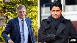 Combinaison de photos montrant le Qatari Nasser Al-Khelaïfi, chef de BeIN Medias et président de Paris Saint-Germain, à droite, à Paris, le 4 mars 2017, et le Français Jérôme Valcke, ancien secrétaire général de la Fifa, à Paris, le 4 mars 2017.