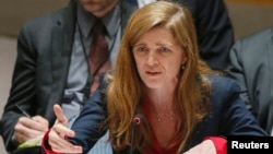 FILE - United States Ambassador to the United Nations Samantha Power addresses members of the U.N. Security Council.