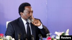 Le Président de la République Démocratique du Congo, Joseph Kabila, lors d'une des rares conférences de presse au Palais de la nation à Kinshasa, RDC, 26 janvier 2018.