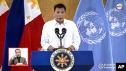 In this photo taken from video shown at United Nations headquarters, Rodrigo Duterte, president of the Philippines, remotely addresses the 76th session of the U.N. General Assembly in a pre-recorded message, Sept. 21, 2021.