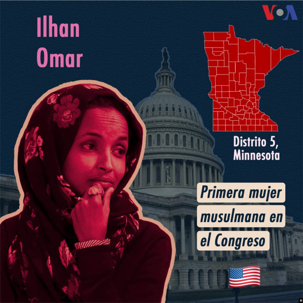Ilhan Omar, legisladora demócrata del estado de Minnesota, y Rashida Tlaib (Michigan), son las primeras mujeres musulmanes en conseguir un escaño del Congreso de Estados Unidos. Omar, quien también es la primera candidata de origen somalí en llegar a esas instancias, ha abogado por reformas en control de armas, acceso a la salud y una política migratoria más inclusiva y humanitaria. 