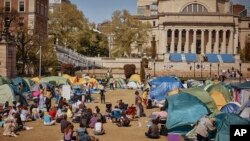 Foto de archivo de un grupo de personas escuchando a un orador en un campamento propalestino que pide un alto el fuego permanente en Gaza, dentro del campus de la Universidad de Columbia, el domingo 28 de abril de 2024, en Nueva York. 