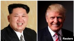 FILE - A combination photo shows a Korean Central News Agency (KCNA) handout of Kim Jong Un released on May 10, 2016, and Donald Trump posing for a photo in New York City, U.S., May 17, 2016.
