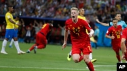 Le Belge Kevin De Bruyne après avoir marqué le deuxième but de son équipe lors du quart de finale entre le Brésil et la Belgique lors de la Coupe du monde à Kazan, Russie, le 6 juillet 2018. 