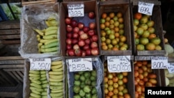 Precios de frutas y verduras en una tienda de Buenos Aires. Argentina lucha contra una inflación anual que se acerca al 200 %. Foto tomada el 8 de diciembre de 2023.