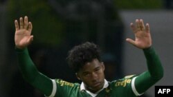 El delantero del Palmeiras, Endrick, gesticula durante el partido de vuelta de la fase de grupos de la Copa Libertadores entre el Palmeiras de Brasil y el San Lorenzo de Argentina en el estadio Allianz Parque en Sao Paulo, Brasil, el 30 de mayo de 2024.