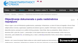 Sajt organizacije Transparentnost Srbija o nesreći u Novom Sadu