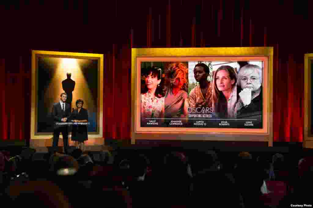 Actor Chris Hemsworth (left) and Academy President Cheryl Boone Isaacs announced the nominees for the 86th Annual Academy Awards in the Academy's Samuel Goldwyn Theater, Jan. 16, 2014, Los Angeles, California. (Oscars.org)