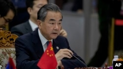 Chinese Foreign Minister Wang Yi speaks during the Special ASEAN-China Foreign Ministers' meeting on the Novel Coronavirus Pneumonia in Vientiane, Laos, Feb. 20, 2020.