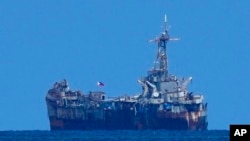 资料照：菲律宾海军BRP Sierra Madre号舰只。自1999年以来此船一直搁浅在南沙群岛有争议的第二托马斯浅滩，中国称作仁爱礁，菲律宾称作阿云金浅滩。（2023年8月22日）