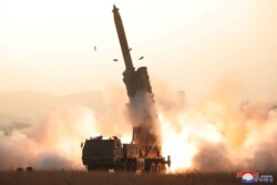 This undated picture released by North Korea's Central News Agency on Oct. 31, 2019, purportedly shows the launch of projectiles that landed in the sea between the Korean Peninsula and Japan.