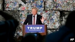 Republican presidential candidate Donald Trump speaks during a campaign stop at Alumisource, a metals recycling facility in Monessen, Pennsylvania, June 28, 2016. 