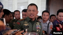 FILE - Indonesian military Chief Gatot Nurmantyo talks to reporters in Jakarta, Indonesia, January 5, 2017. 
