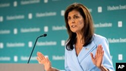 La exembajadora ante la ONU, Nikki Haley, habla en el Instituto Hudson en Washington, el miércoles 22 de mayo de 2024. (Foto AP/Cliff Owen)