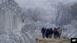 Refugees and migrants, who entered Macedonia from Greece illegally, walk between the two lines of the protective fence along the border line, near southern Macedonia's town of Gevgelija, Feb. 29, 2016.