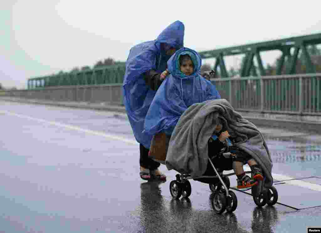 A migrant woman pushes her children's pram as they walk in the rain towards the Hungarian border from Botovo, Croatia.