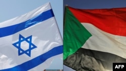 Une combinaison de photos montre un drapeau israélien, à gauche, lors d'un rassemblement à Tel-Aviv, le 19 septembre 2020, et un drapeau soudanais lors d'un rassemblement à l'est de la capitale Khartoum, le 3 juin 2020.