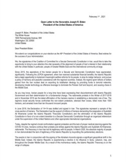 Iranian Dissidents' Feb. 1, 2021 Open Letter to President Biden