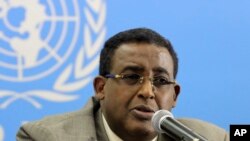FILE - Somalia's Prime Minister Omar Abdirashid Ali Sharmarke speaks to journalists about developments in Somalia in Nairobi, Kenya.