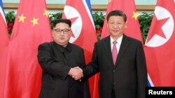 시진핑(오른쪽) 중국 국가주석과 김정은 북한 국무위원장이 지난해 6월 19일 베이징 인민대회당에서 만나 악수하고 있다. 