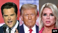 Kombinasi foto dari kiri: Pilihan Trump untuk Jaksa Agung yang mengundurkan diri, Matt Gaetz, Presiden terpilih AS Donald Trump dan mantan Jaksa Agung Florida Pam Bond yang menjadi pilihan Trump untuk Jaksa Agung AS. 