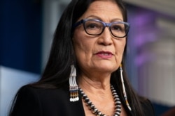 FILE - In this April 23, 2021, file photo, Interior Secretary Deb Haaland speaks during a news briefing at the White House in Washington. Haaland approved a new constitution for the Cherokee Nation on Wednesday, May 12, 2021 that ensures citizenship…