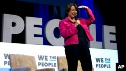 Democratic presidential candidate Sen. Amy Klobuchar, D-Minn., speaks during the We the People Membership Summit, featuring the 2020 Democratic presidential candidates, at the Warner Theatre, in Washington, April 1, 2019.