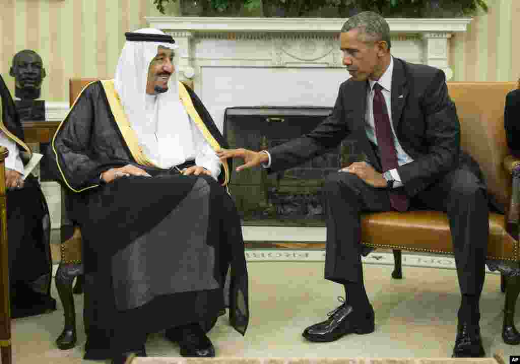 President Barack Obama's meeting with King Salman of Saudi Arabia takes place as Saudi Arabia seeks assurances from the U.S. that the Iran nuclear deal comes with the necessary resources to help check Iran’s regional ambitions, Oval Office of the White House, Sept. 4, 2015.