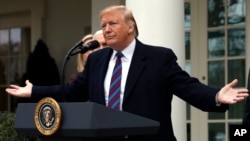 President Donald Trump speaks in the Rose Garden of the White House after a meeting with congressional leaders on border security, Jan. 4, 2019, in Washington.